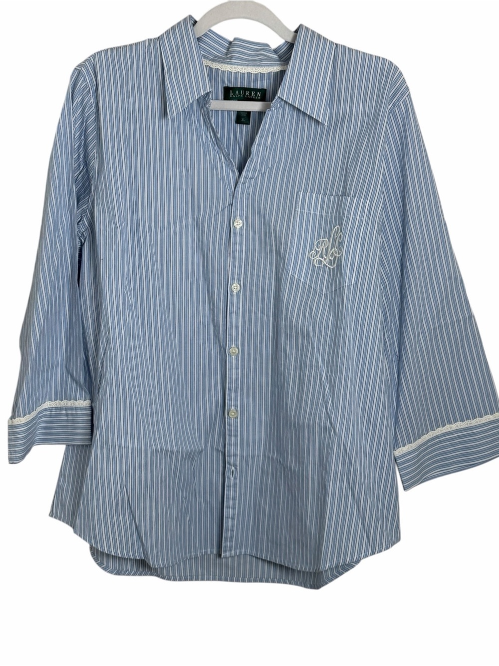 Lauren Ralph Lauren Blue and White Stripe Pajama Set Size XL Monogram Preppy